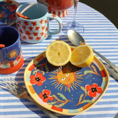 Bord met Zon en Bloemen - Donkerblauw