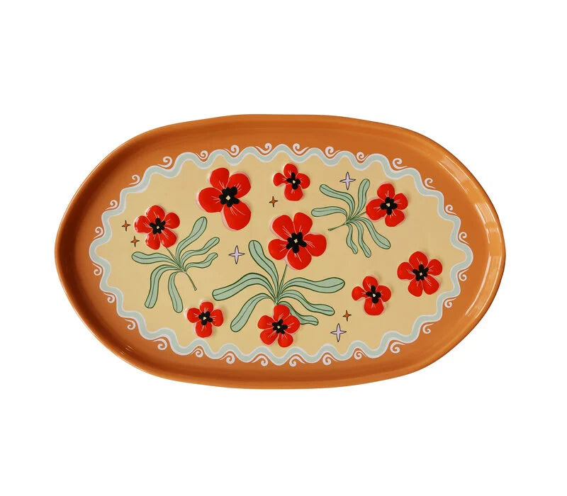 Grote Ovale Schaal met Bloemen - Oranje