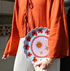 Grote Ronde Schaal - Blauw met Klaprozen