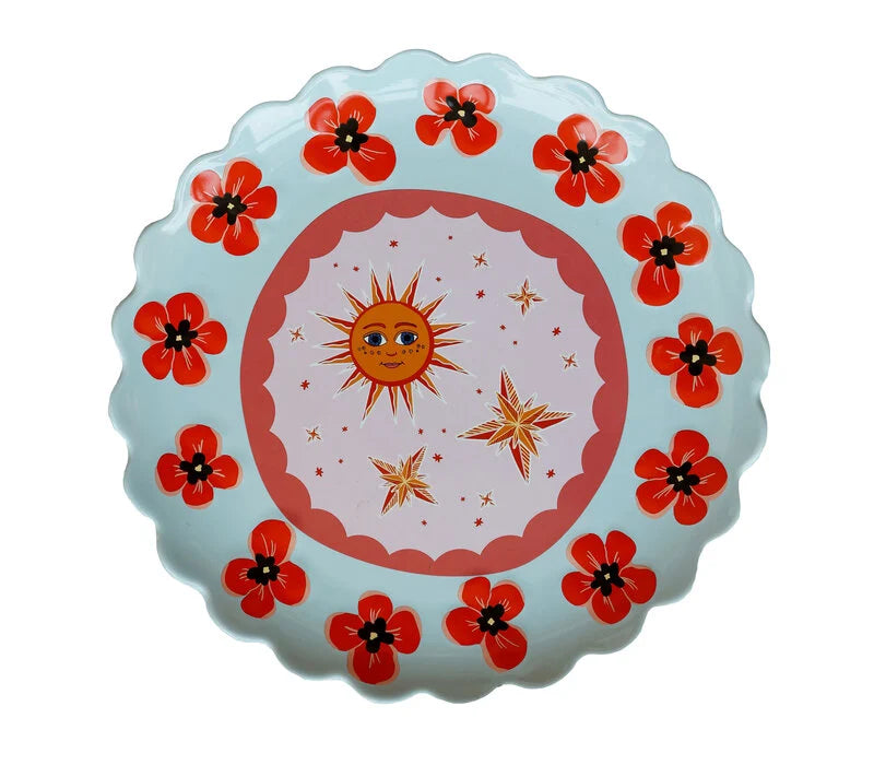 Grote Ronde Schaal - Blauw met Klaprozen