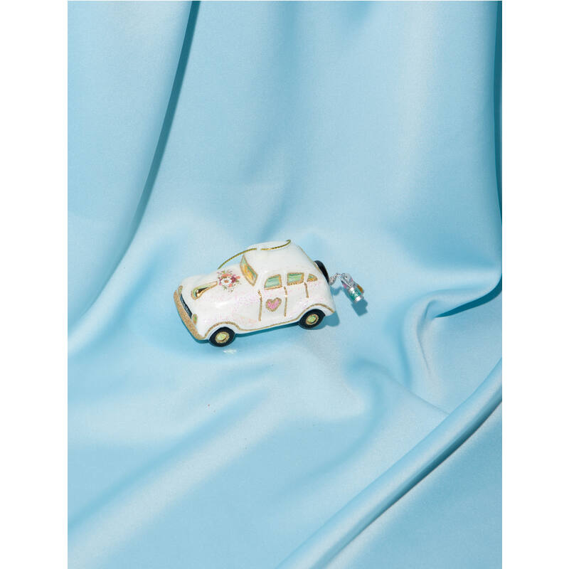 Ornament glass wedding car w/text just married H4.5cm