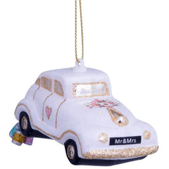 Ornament glass wedding car w/text just married H4.5cm