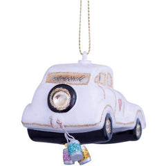 Ornament glass wedding car w/text just married H4.5cm