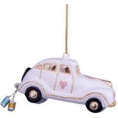 Ornament glass wedding car w/text just married H4.5cm