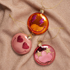 Ornament glass rose pink smiley w/ star eyes H7.5cm