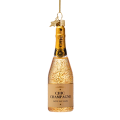 Ornament glass champagne bottle with glitters H13.5cm
