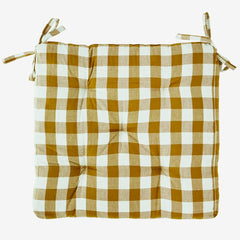 CHECKED WOVEN COTTON CHAIR PAD, Mustard, white