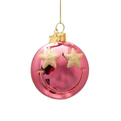 Ornament glass rose pink smiley w/ star eyes H7.5cm