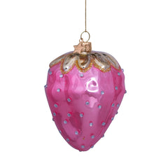 Ornament glass pink strawberry w/diamonds H8cm