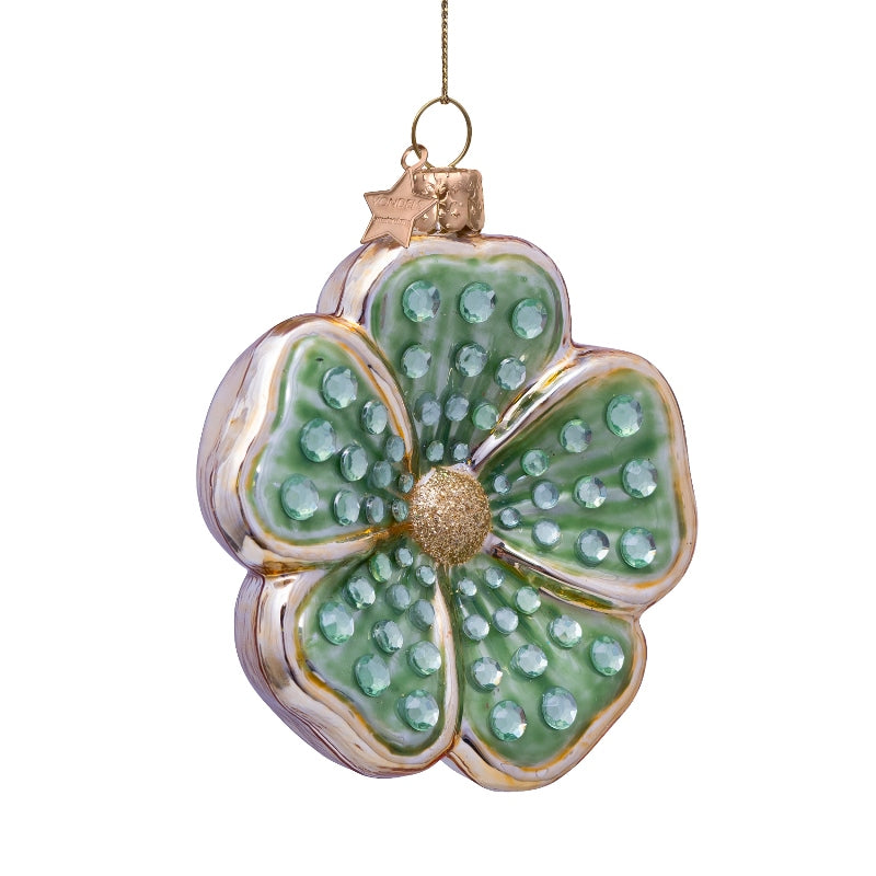 Ornament glass green opal flower w/diamonds H9cm