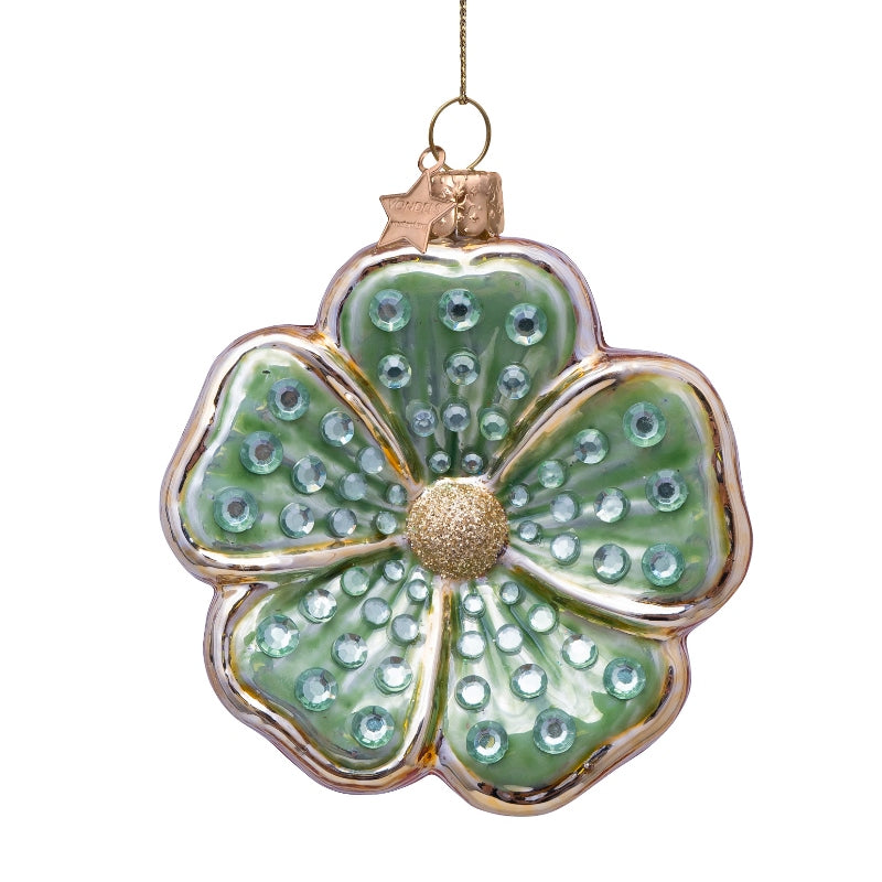 Ornament glass green opal flower w/diamonds H9cm