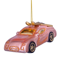 Ornament glass powder brown opal car with skis on top H4cm