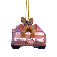 Ornament glass powder brown opal car with skis on top H4cm