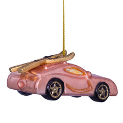 Ornament glass powder brown opal car with skis on top H4cm