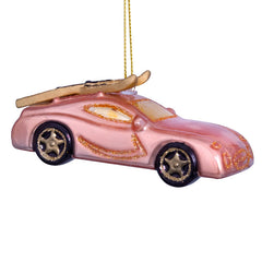 Ornament glass powder brown opal car with skis on top H4cm