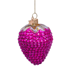 Ornament glass raspberry pink strawberry w/diamonds H6cm