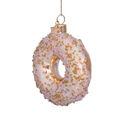 Ornament glass  gold  donut w/gold glitter and sequins H10cm