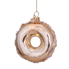 Ornament glass  gold  donut w/gold glitter and sequins H10cm