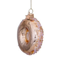 Ornament glass  gold  donut w/gold glitter and sequins H10cm