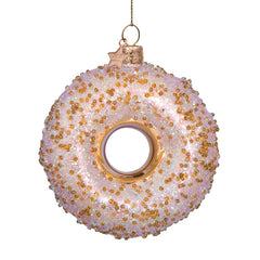 Ornament glass  gold  donut w/gold glitter and sequins H10cm